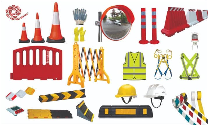 Road safety cones and signs for traffic management.