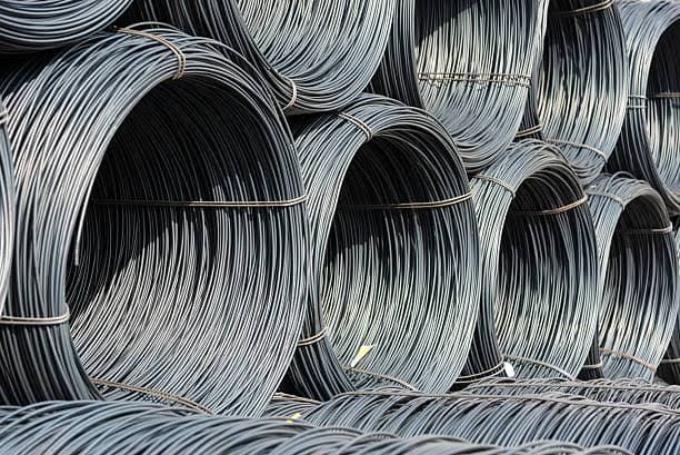 Coiled wire rods for manufacturing and construction.